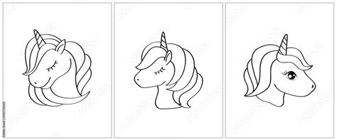 Unicorn face coloring page. Set of 3 pages for a coloring book. Cute animal vector illustration ...