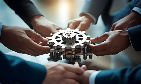 Premium AI Image Business People Holding Gears And Teamwork Concept