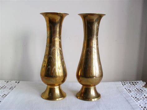 Brass Vases Pair Indian Engraved Bud Vases Bohemian Decor Two Brass Vases Retro Brass Decor