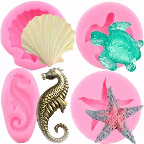 Molde Silicona Concha Estrella De Mar Tortuga Fondant 4pcs Cuotas Sin