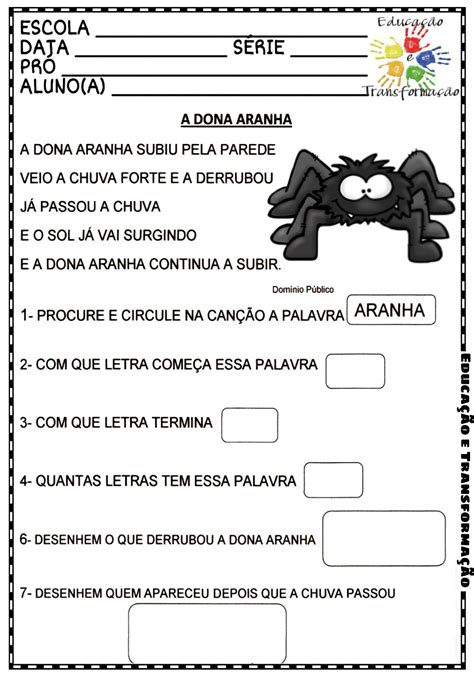 Cantiga popular: A Dona Aranha Atividade para trabalhar a base ...