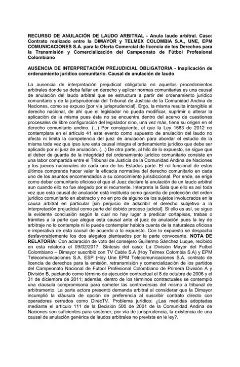 Pdf Recurso De AnulaciÓn De Laudo Arbitral Anula Laudo