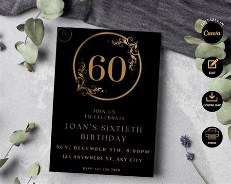 60th Birthday Party Invitation 60th Invitation Sixty Birthday Party Invitation Black And