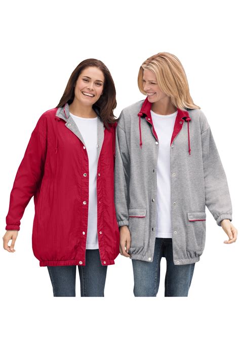 Woman Within Womens Plus Size Fleece Nylon Reversible Jacket Rain Jacket