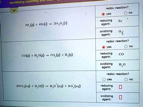 SOLVED Identifying Oxidizing Atu Redox Reaction Yes No Reducing Agent