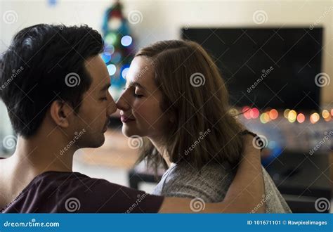 Couple Kissing In The Sofa At Home Stock Image Image Of Carefree Freedom 101671101