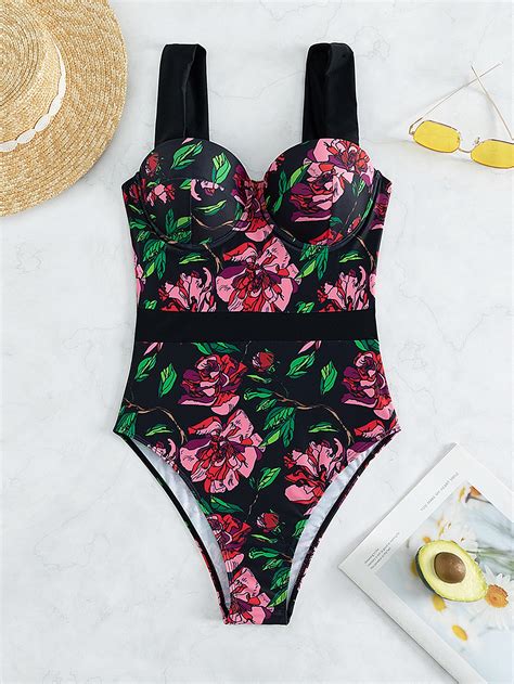 Tropical Print Push Up One Piece Swimsuit Shein Uk