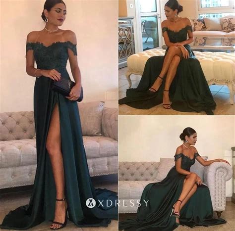 Thigh High Slit Off Shoulder Dark Green Prom Dress Xdressy