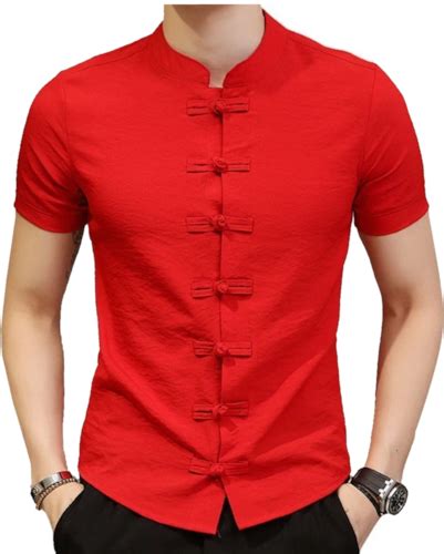 Camisa Hombre Cuello Mao Manga Corta Botón Chino Bruce Lee