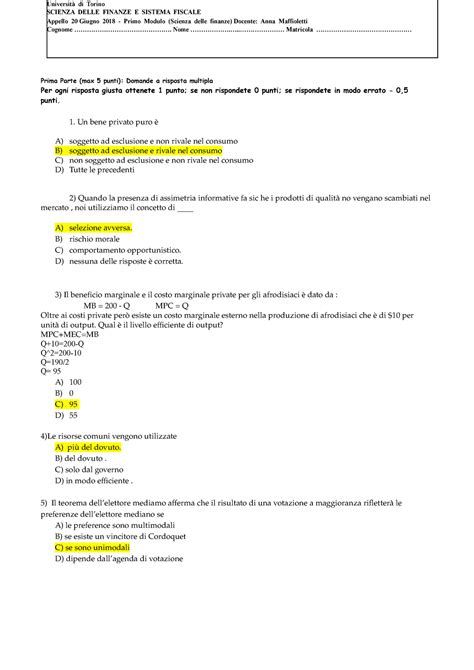 Esame Giugno Prima Parte Max 5 Punti Domande A Risposta Multipla