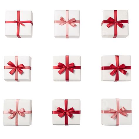 Group Christmas White Gift Boxes With Red Ribbons On Table Top View