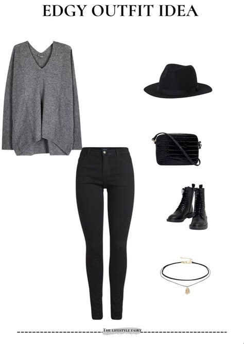Edgy Outfit Idea: Black Pants, Grey Sweater, and Hat