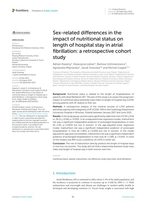 PDF Sex Related Differences In The Impact Of Nutritional Status On