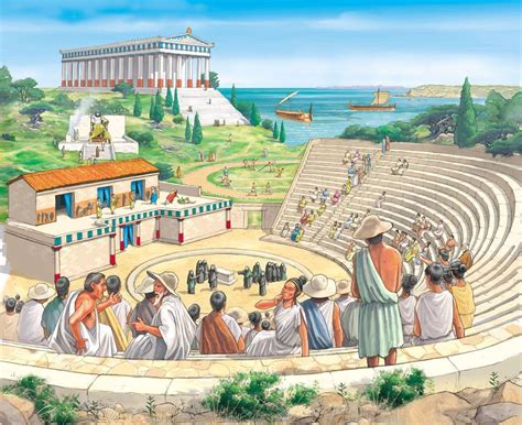 "Actors perform a play in an amphitheatre while the work of an ancient ...