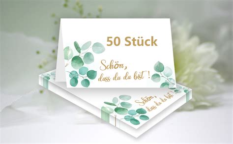 50 Stück Tischkarten Hochzeit mit Schön Dass Du Da Bist und Eukalyptus