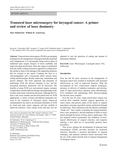 Pdf Transoral Laser Microsurgery For Laryngeal Cancer A Primer And Review Of Laser Dosimetry