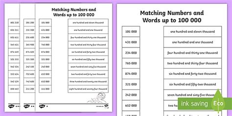 Matching Numbers And Words Up To Differentiated Worksheets