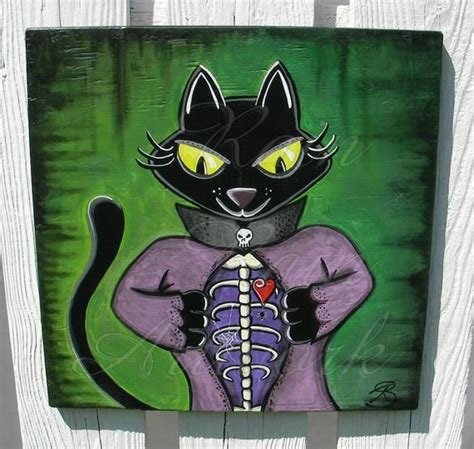 Halloween Black Cat Original Funky Folk Art Painting Unique Etsy