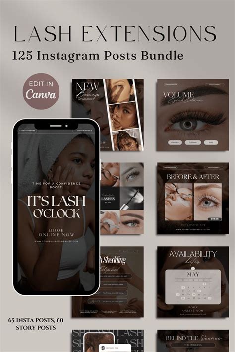 125 Lash Technician Instagram Posts And Story Canva Bundle Black