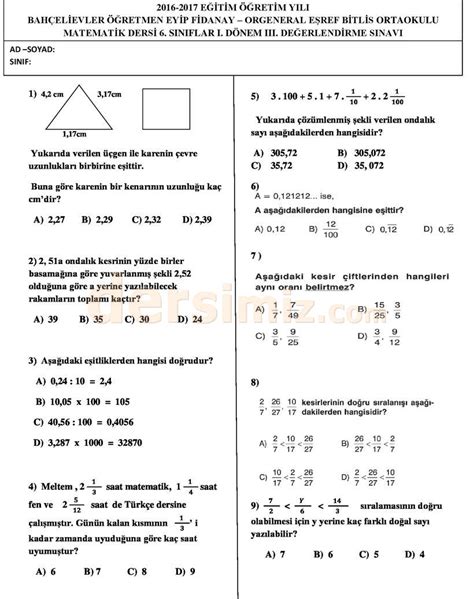 6 Sınıflar Matematik Dersi 1 Dönem 3 Yazılı Değerlendirme Sınav