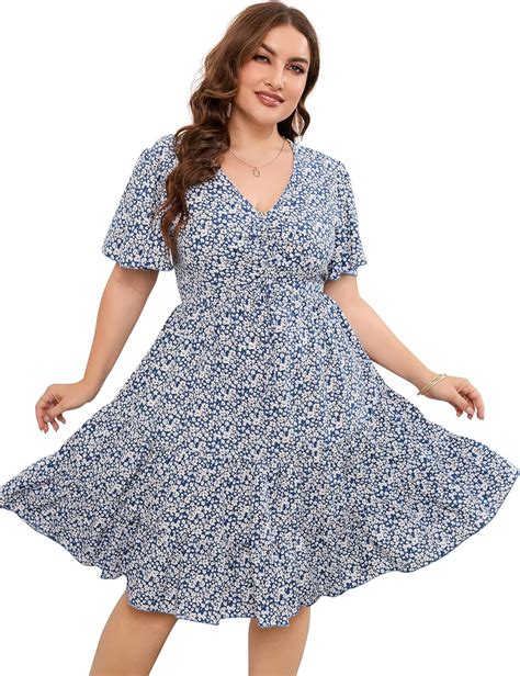 KOJOOIN Plus Size Dress Women S Plus Size Summer Floral Print Ruffle