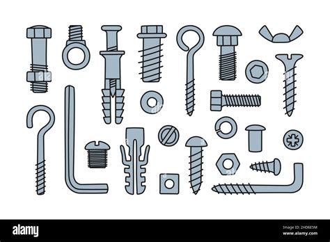 Hand Drawn Screw Bolts Fasteners Bolts Screws Nuts Dowels And