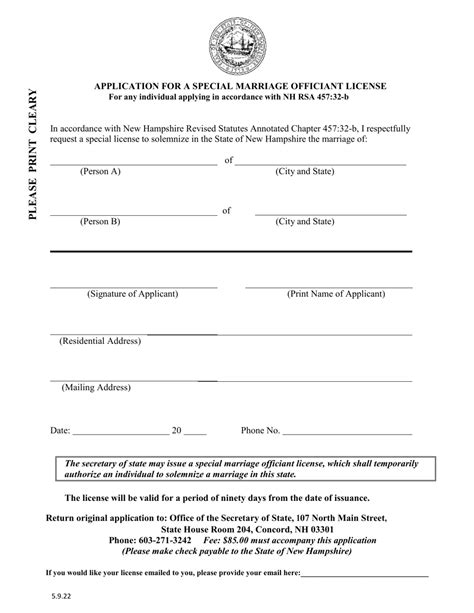 New Hampshire Application For A Special Marriage Officiant License