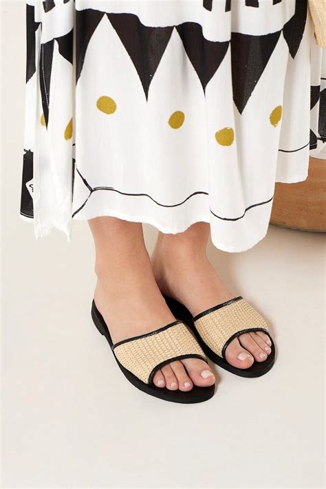 Leather Straw Flat Sandals In Black Slide Sandals Slippers