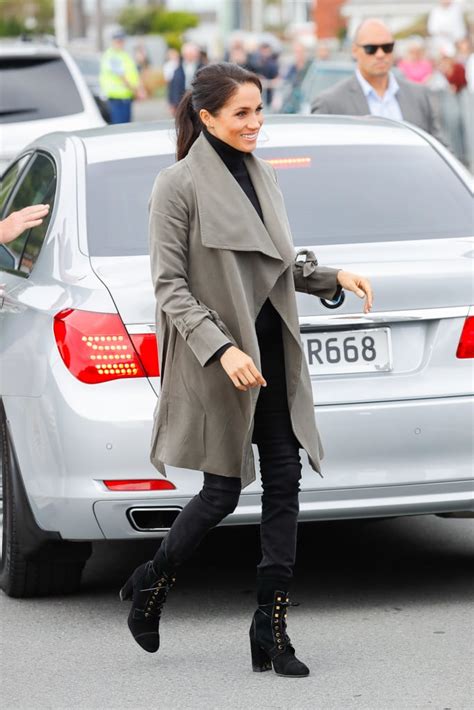 Meghan Markle Work Outfit Idea: A Gray Trench and Lace-Up Booties ...