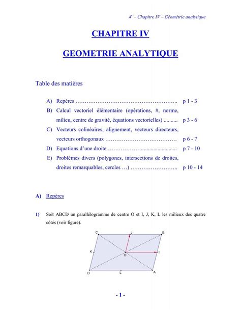 CHAPITRE IV GEOMETRIE ANALYTIQUE