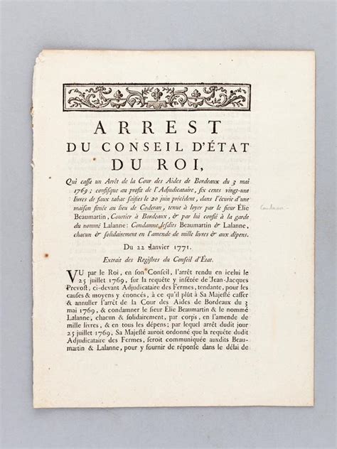 Arrest du Conseil d Etat du Roi Qui casse un Arrêt de la Cour des