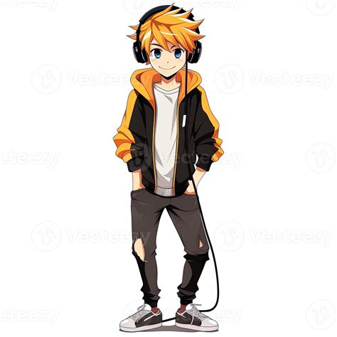 Cool anime boy style with earphones, generated by AI 25934720 Stock ...