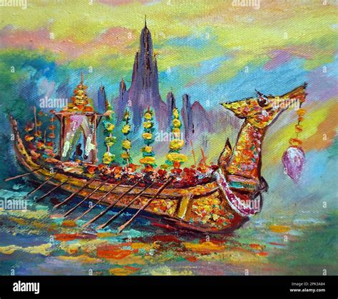 Art Painting Oil Color Royal Barge Thailand Suphannahong Boat Stock