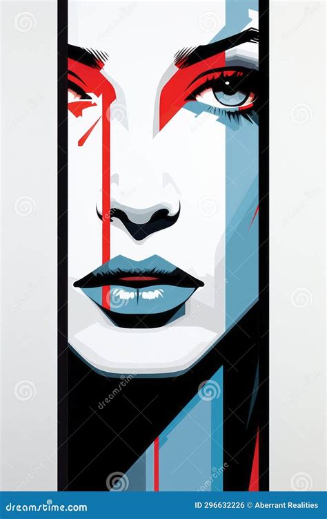 An Art Print Of A Womans Face With Red And Blue Eyes Stock Illustration