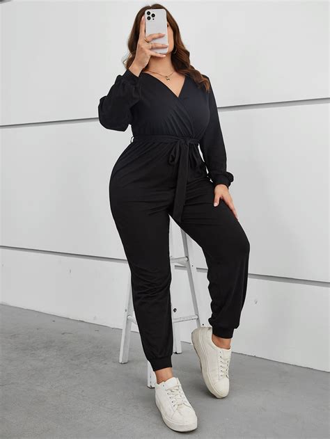 Shein Privé Plus Surplice Neck Belted Jumpsuit Shein Usa