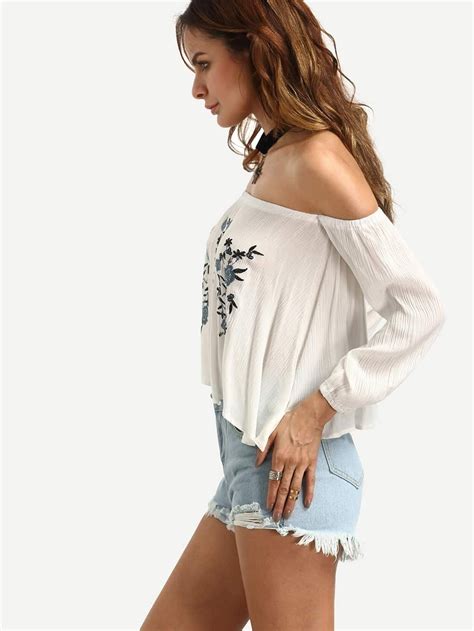 Off The Shoulder Three Quarter Sleeve Embroidered Top Shein Sheinside