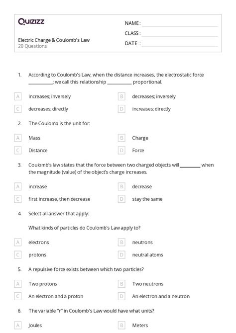 50 Coulombs Law And Electric Force Worksheets For 11th Class On