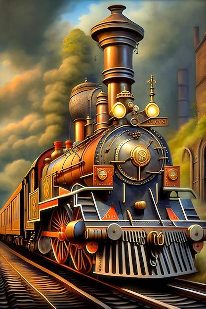 Premium AI Image | a painting of a train on a train track ai generated