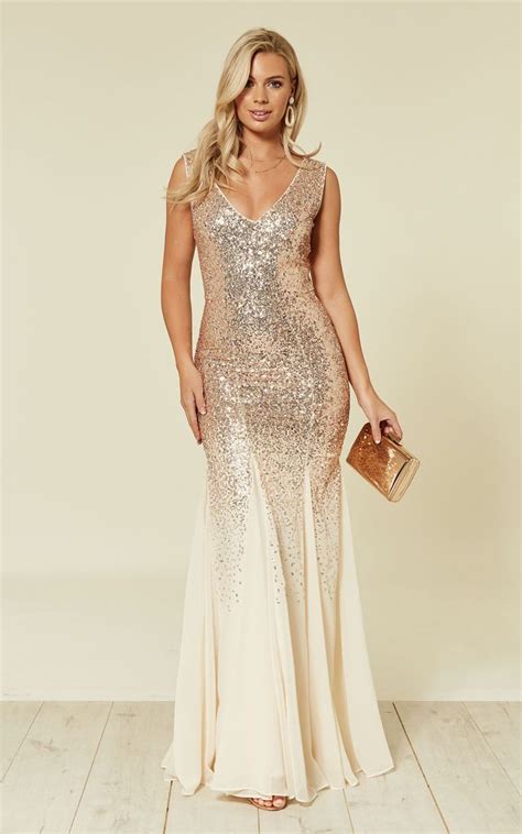 Sequin And Chiffon Maxi Dress Dr627s Champagne By Goddiva Occasion