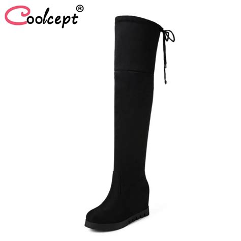 Coolcept Women Thigh High Boots Winter Lace Up Warm Fur Shoes Woman