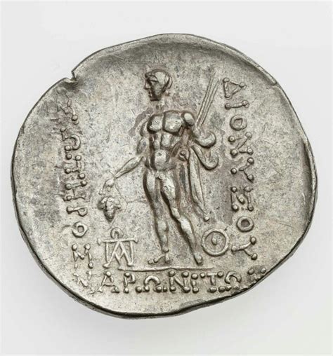 Silver Tetradrachm Head Beardless Dionysos Obverse Nude W Thrysus