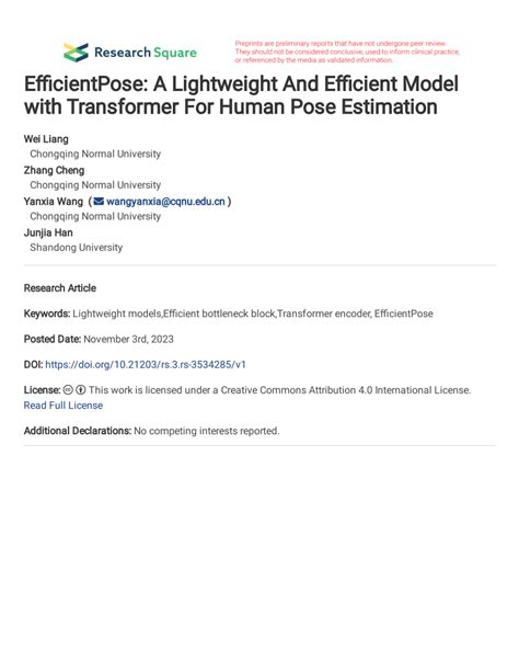 Pdf Efficientpose A Lightweight And Efficient Model With Transformer