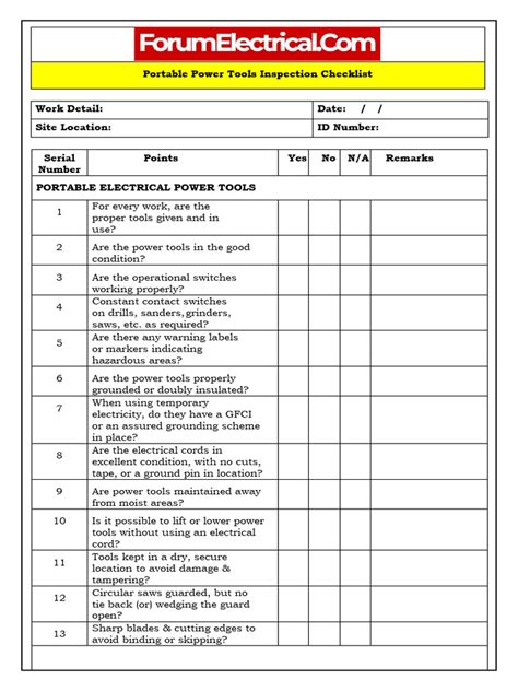 Portable Power Tools Inspection Checklist Pdf Switch Tools