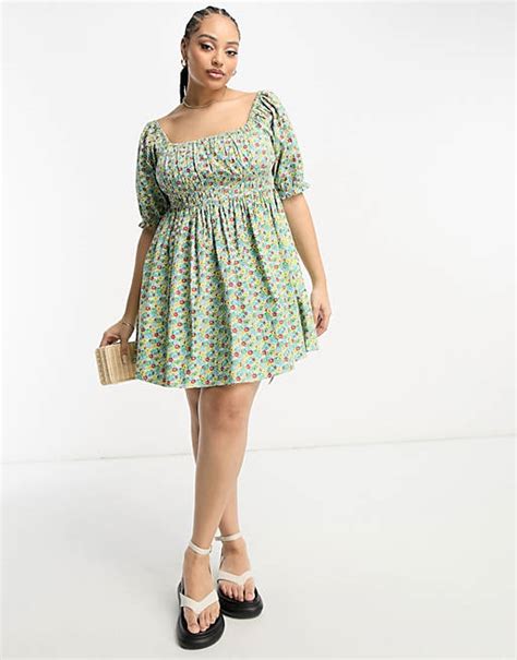 Wednesdays Girl Curve Ditsy Floral Puff Sleeve Smocked Mini Dress In