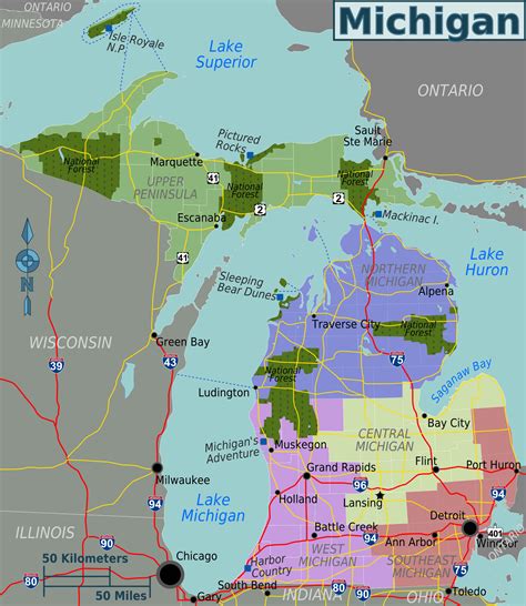 Large regions map of Michigan state. Michigan state large regions map