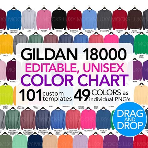 Gildan 18000 G180 Color Chart Size Chart 3 Files G180 Etsy