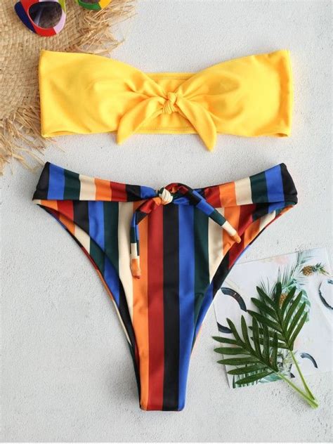 76 OFF 2021 ZAFUL Knot Colorful Stripe Bandeau Bikini Set In RUBBER