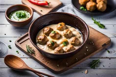 Premium Photo A Pan Of Meatballs With A Wooden Spoon And A Pan Of