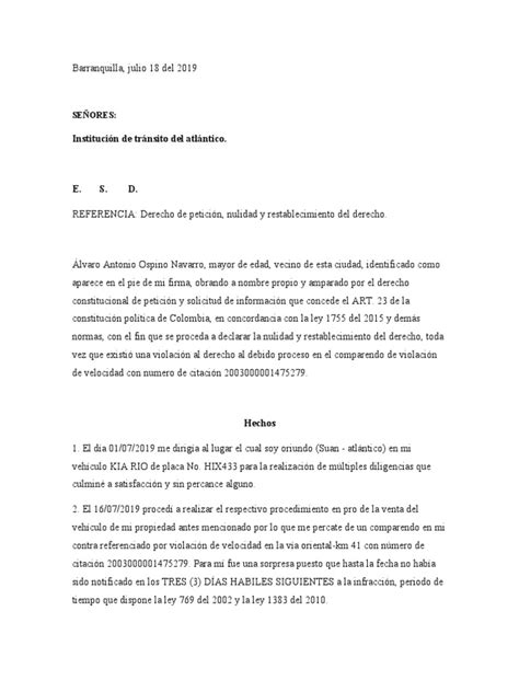 Derecho De Petición Comparendo Pdf Debido Al Proceso Justicia