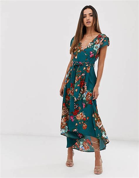 Ax Paris Teal Floral Midi Wrap Dress Asos